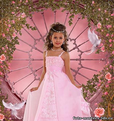 Девочка в красивом платье у окна среди розовых роз